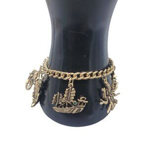 Oriental Charm Bracelet 6.5" Gold Tone Hindu Goddess Feung Ship Budda Dragon